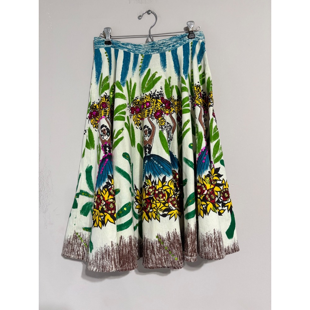 Persaman New York Novelty Print Sequin Cotton Midi Skirt White Teal Floral Sz 4 - Picture 2 of 6